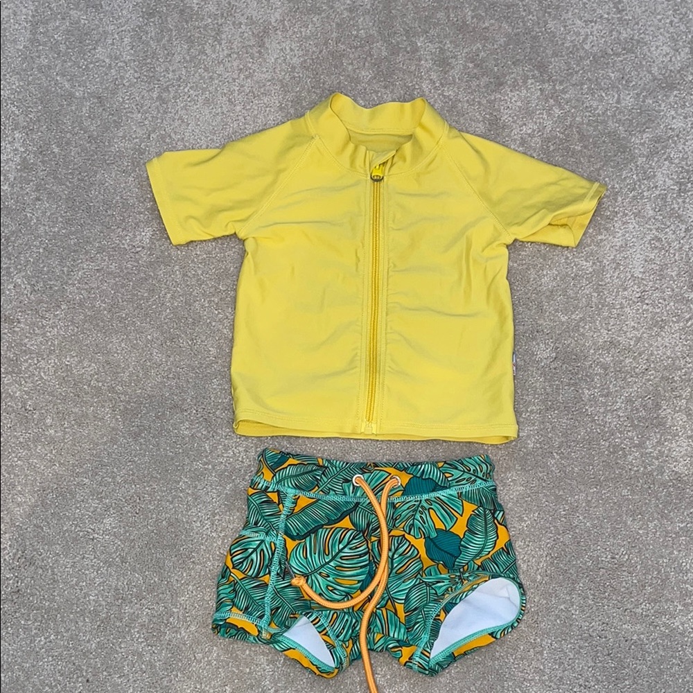 Bright Yellow Rashguard Swim Set with Tropical Patterned Shorts